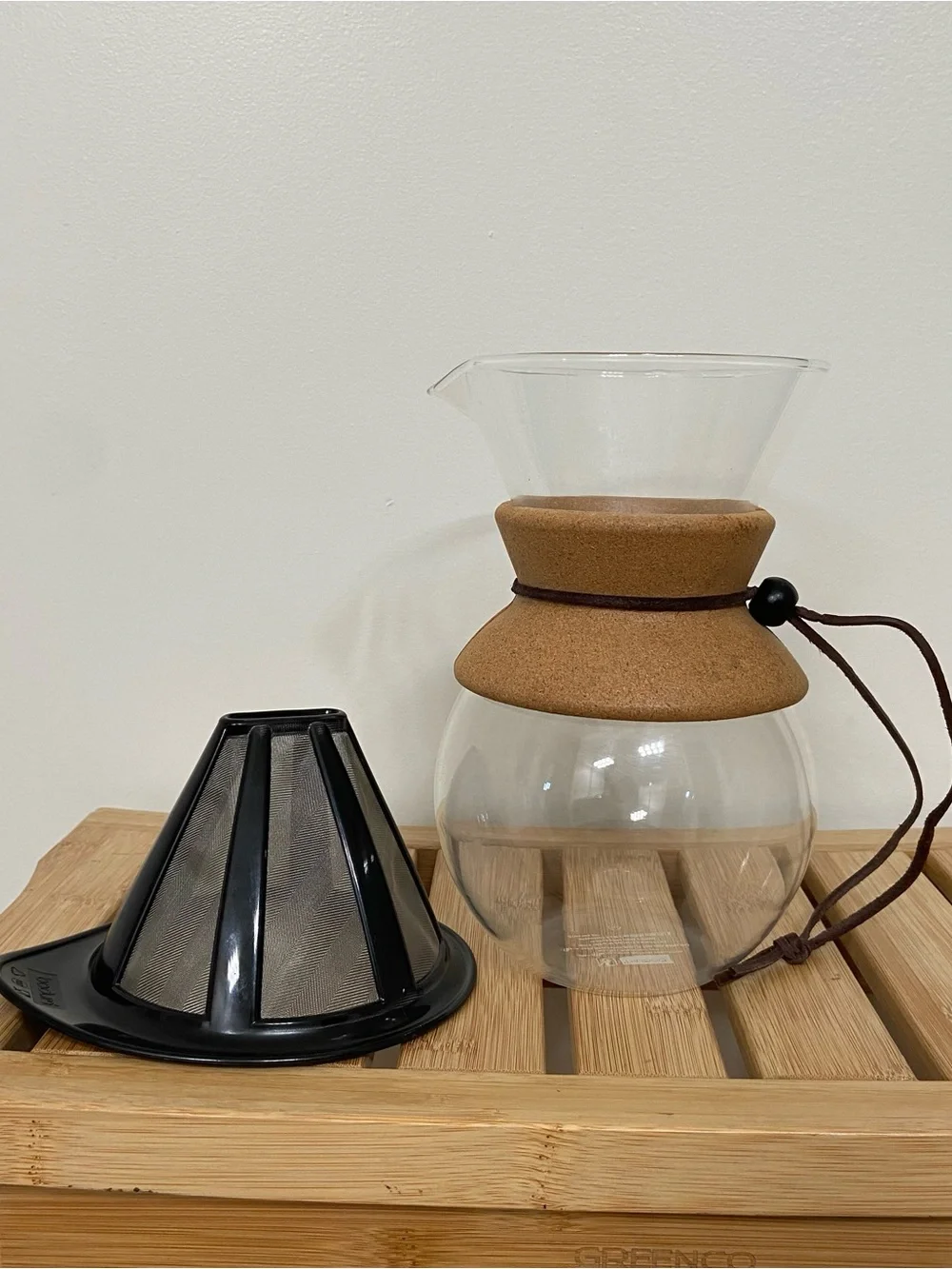 Bodum Pour Over Coffee Maker Glass Carafe Cork Collar Reusable Filter